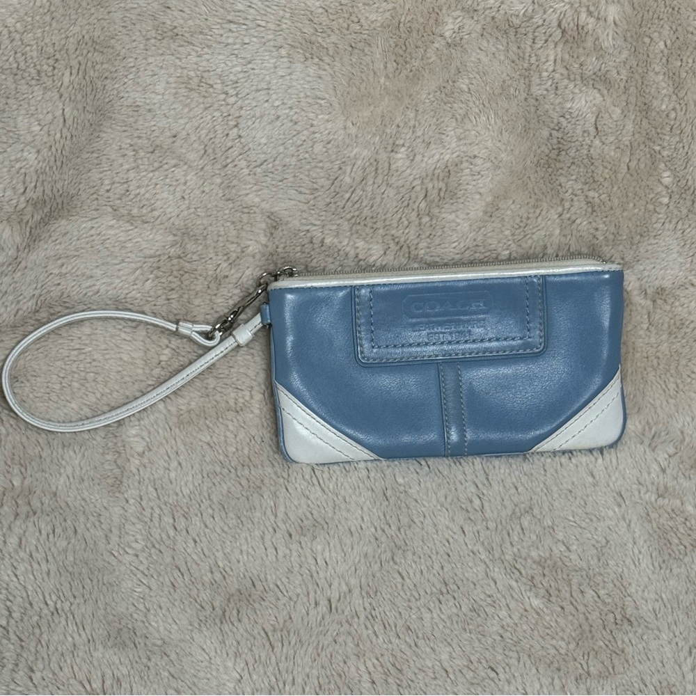 Coach Blue and White Leather Wristlet EUC 7.5" x 4"